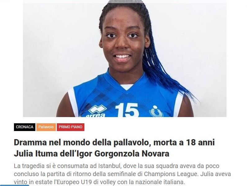 Dramma nel mondo della pallavolo, morta a 18 anni Julia Ituma dell’Igor Gorgonzola Novara