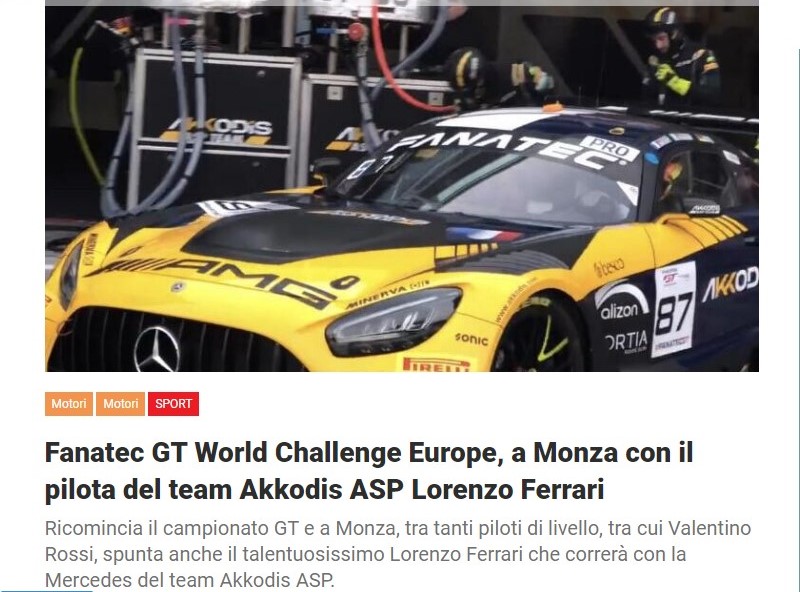 Fanatec GT World Challenge Europe, a Monza con il pilota del team Akkodis ASP Lorenzo Ferrari