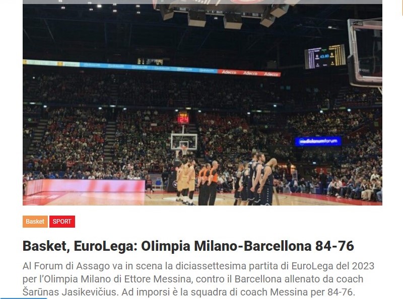 Basket, EuroLega: OIimpia Milano-Barcellona 84-76