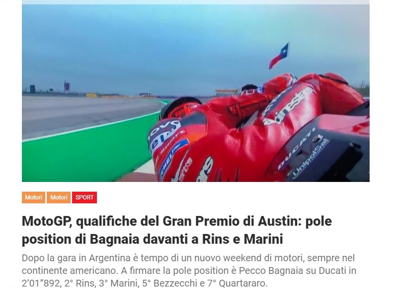 MotoGP, qualifiche del Gran Premio di Austin: pole position di Bagnaia davanti a Rins e Marini