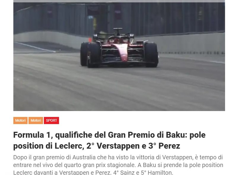 Formula 1, qualifiche del Gran Premio di Baku: pole position di Leclerc, 2° Verstappen e 3° Perez