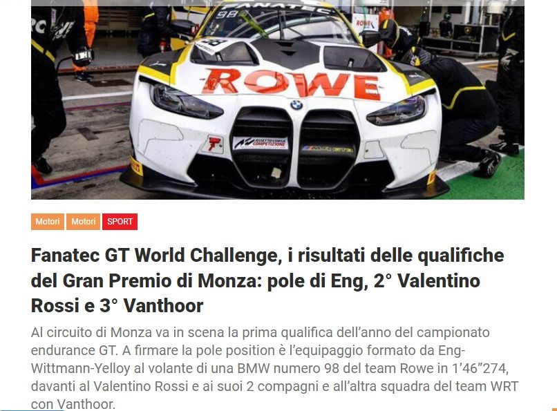 Fanatec GT World Challenge, i risultati delle qualifiche del Gran Premio di Monza: pole di Eng, 2° Valentino Rossi e 3° Vanthoor