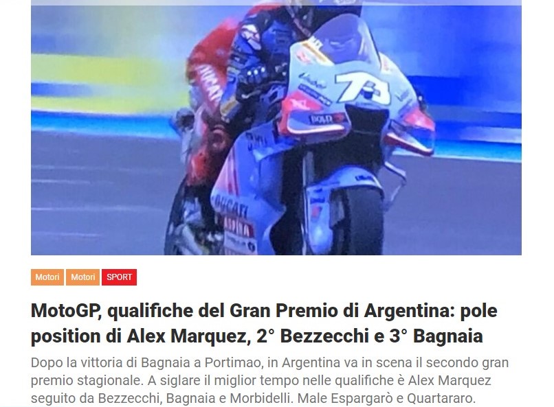 MotoGP, qualifiche del Gran Premio di Argentina: pole position di Alex Marquez, 2° Bezzecchi e 3° Bagnaia