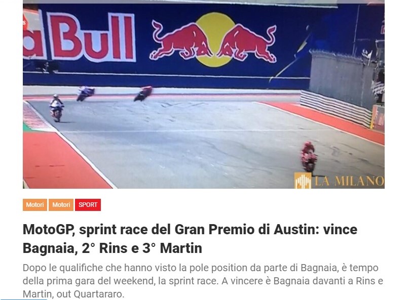 MotoGP, sprint race del Gran Premio di Austin: vince Bagnaia, 2° Rins e 3° Martin