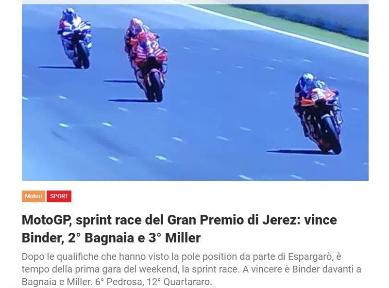 MotoGP, sprint race del Gran Premio di Jerez: vince Binder, 2° Bagnaia e 3° Miller