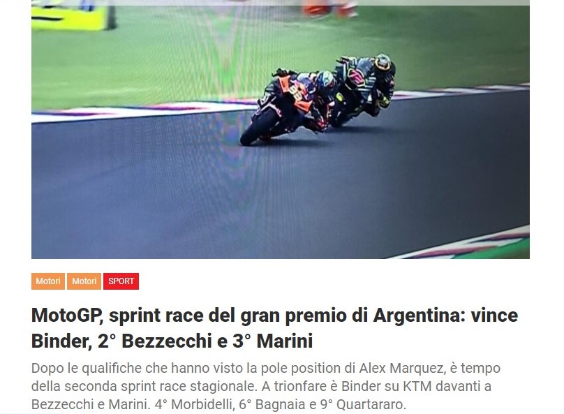 MotoGP, sprint race del gran premio di Argentina: vince Binder, 2° Bezzecchi e 3° Marini