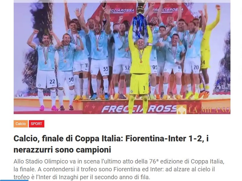 Calcio, finale di Coppa Italia: Fiorentina-Inter 1-2, i nerazzurri sono campioni
