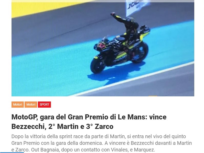 MotoGP, gara del Gran Premio di Le Mans: vince Bezzecchi, 2° Martin e 3° Zarco