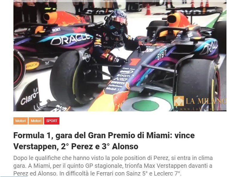 Formula 1, gara del Gran Premio di Miami: vince Verstappen, 2° Perez e 3° Alonso