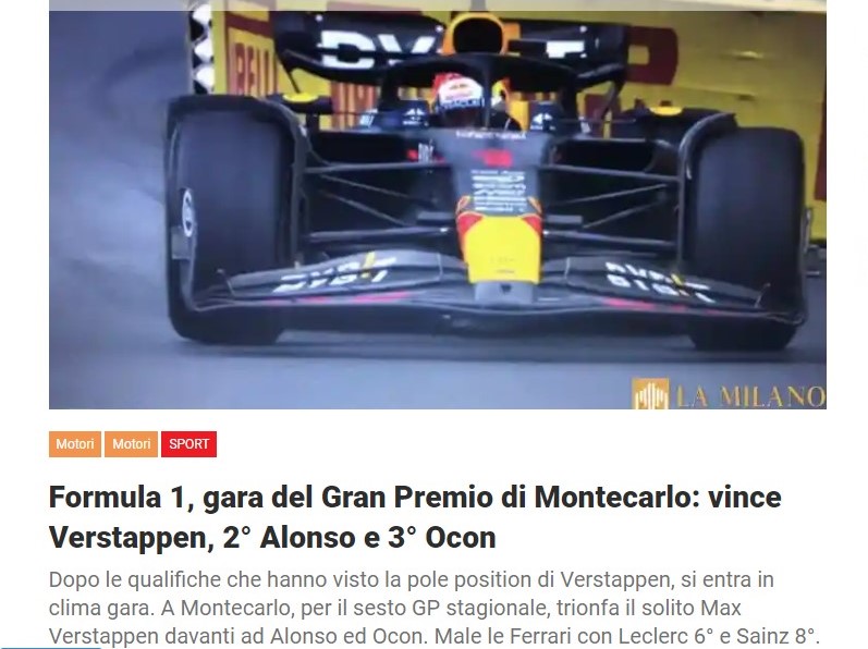 Formula 1, gara del Gran Premio di Montecarlo: vince Verstappen, 2° Alonso e 3° Ocon