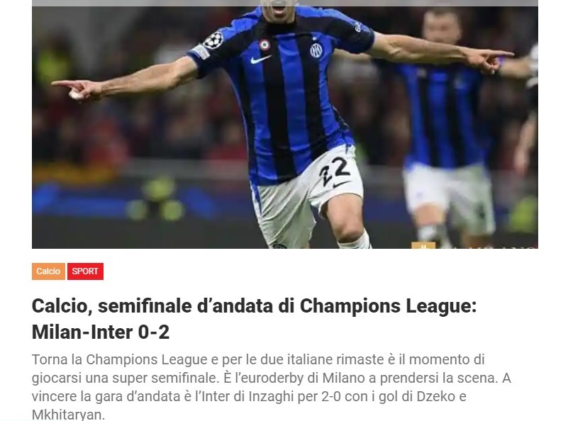 Calcio, semifinale d’andata di Champions League: Milan-Inter 0-2