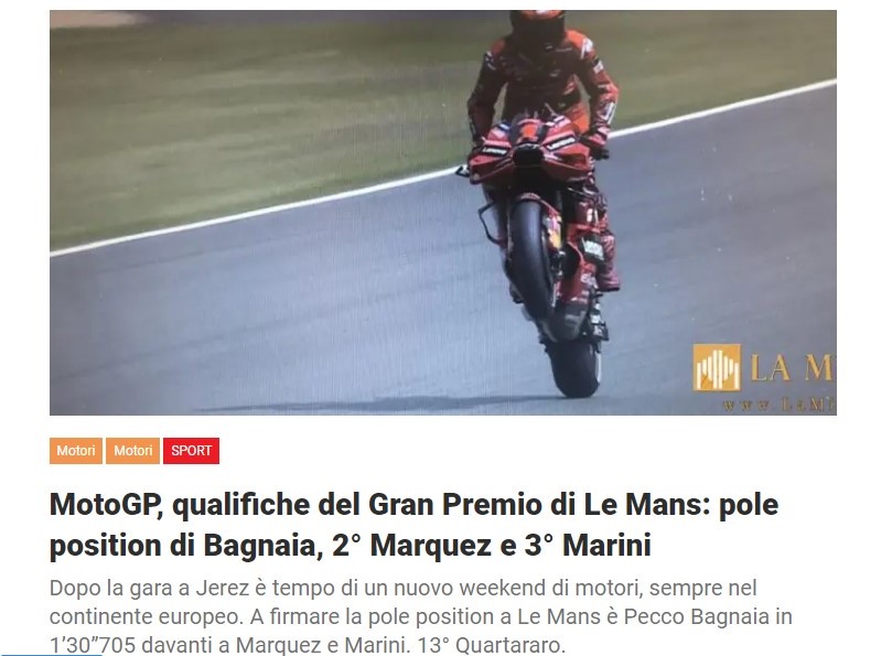 MotoGP, qualifiche del Gran Premio di Le Mans: pole position di Bagnaia, 2° Marquez e 3° Marini