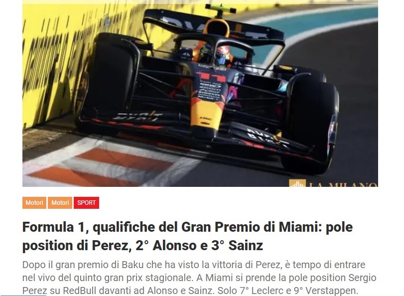 Formula 1, qualifiche del Gran Premio di Miami: pole position di Perez, 2° Alonso e 3° Sainz