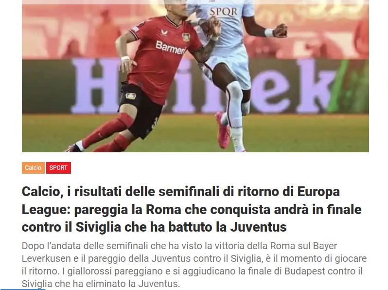 Calcio, i risultati delle semifinali di ritorno di Europa League: pareggia la Roma che conquista andrà in finale contro il Siviglia che ha battuto la Juventus