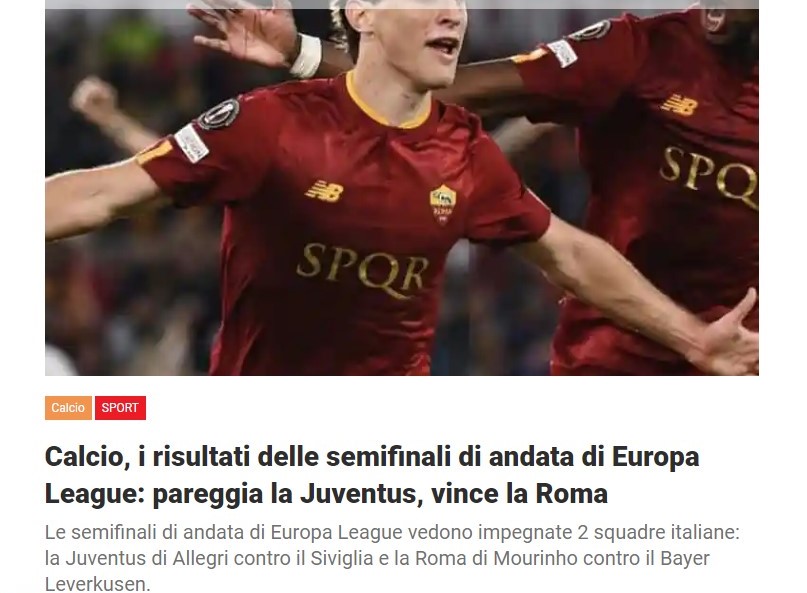 Calcio, i risultati delle semifinali di andata di Europa League: pareggia la Juventus, vince la Roma