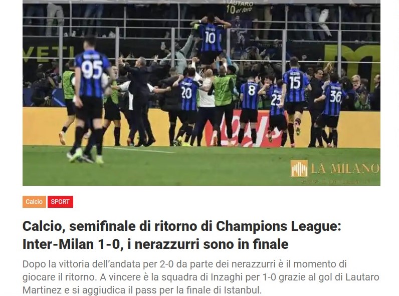 Calcio, semifinale di ritorno di Champions League: Inter-Milan 1-0, i nerazzurri sono in finale