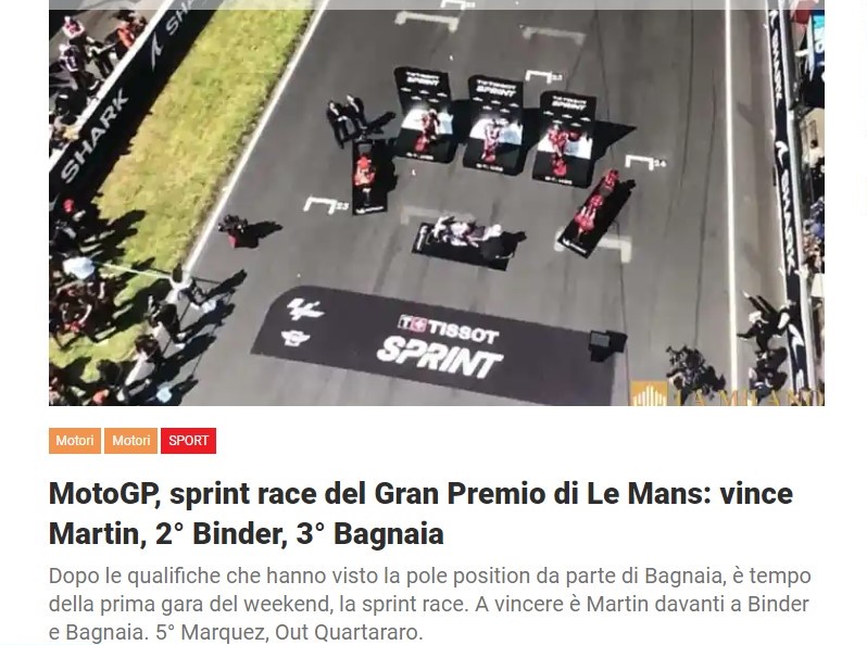 MotoGP, sprint race del Gran Premio di Le Mans: vince Martin, 2° Binder, 3° Bagnaia