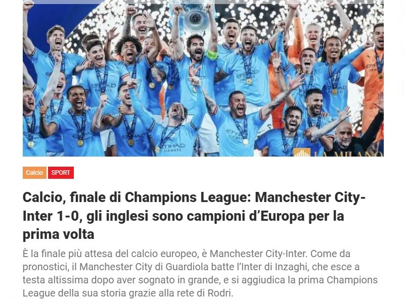 Calcio, finale di Champions League: Manchester City-Inter 1-0, gli inglesi sono campioni d’Europa per la prima volta
