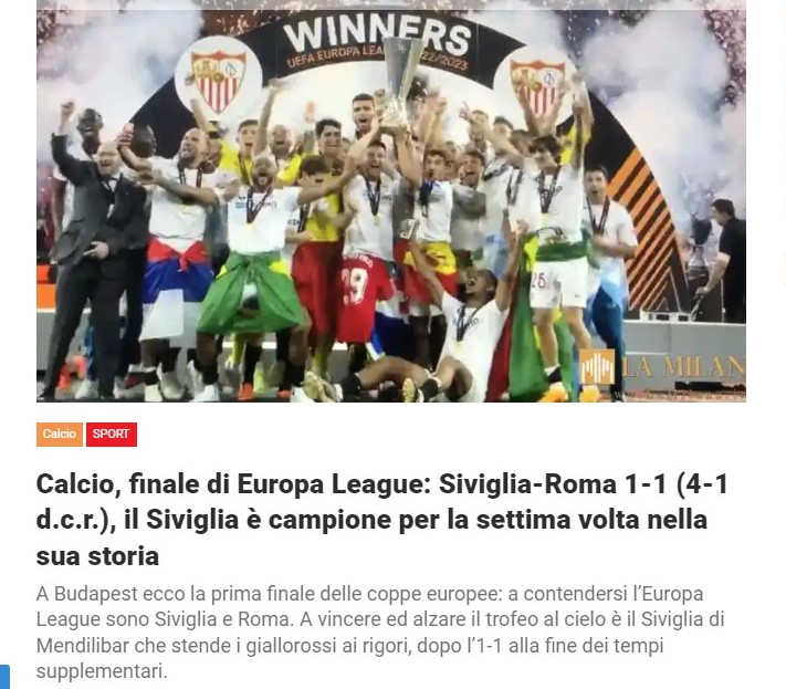Calcio, finale di Europa League: Siviglia-Roma 1-1 (4-1 d.c.r.), il Siviglia è campione per la settima volta nella sua storia