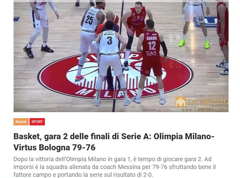 Basket, gara 2 delle finali di Serie A: Olimpia Milano-Virtus Bologna 79-76
