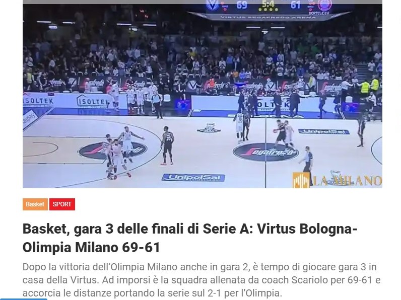 Basket, gara 3 delle finali di Serie A: Virtus Bologna-Olimpia Milano 69-61