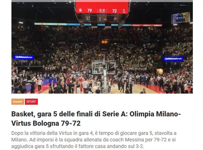 Basket, gara 5 delle finali di Serie A: Olimpia Milano-Virtus Bologna 79-72