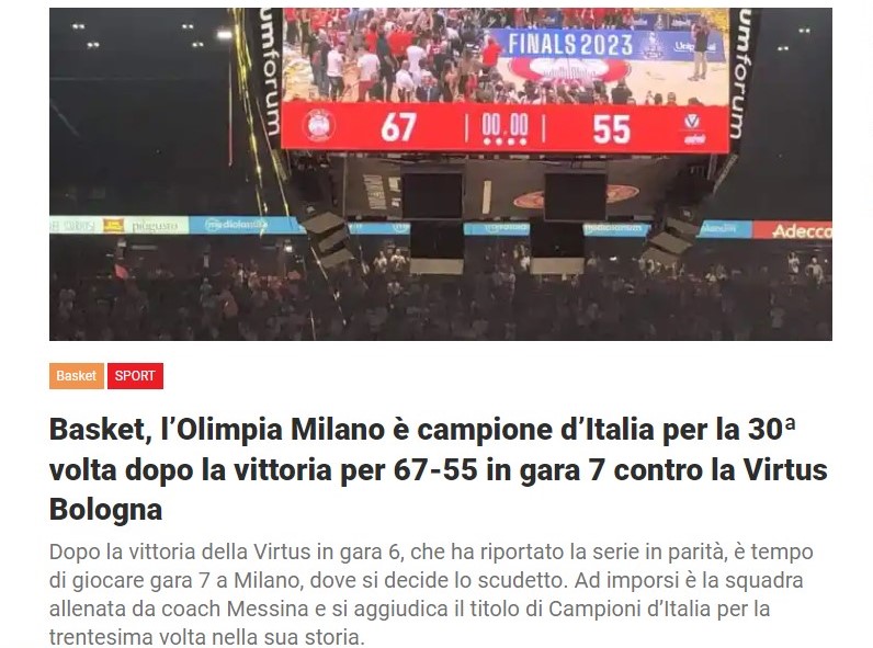 Basket, l’Olimpia Milano è campione d’Italia per la 30ª volta dopo la vittoria per 67-55 in gara 7 contro la Virtus Bologna