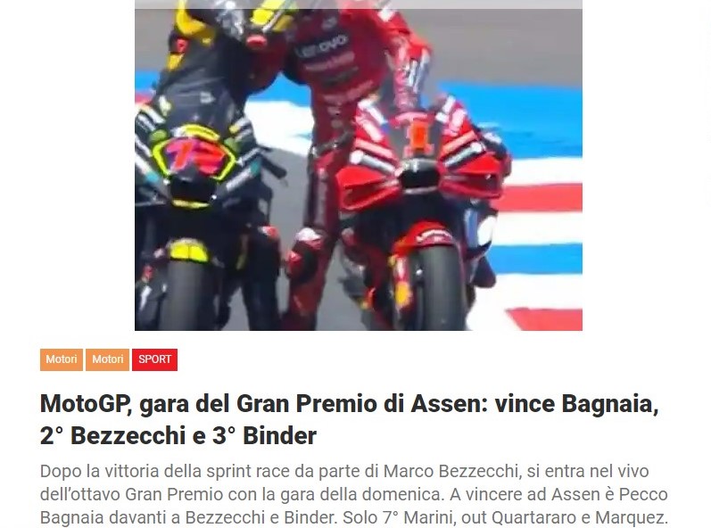 MotoGP, gara del Gran Premio di Assen: vince Bagnaia, 2° Bezzecchi e 3° Binder
