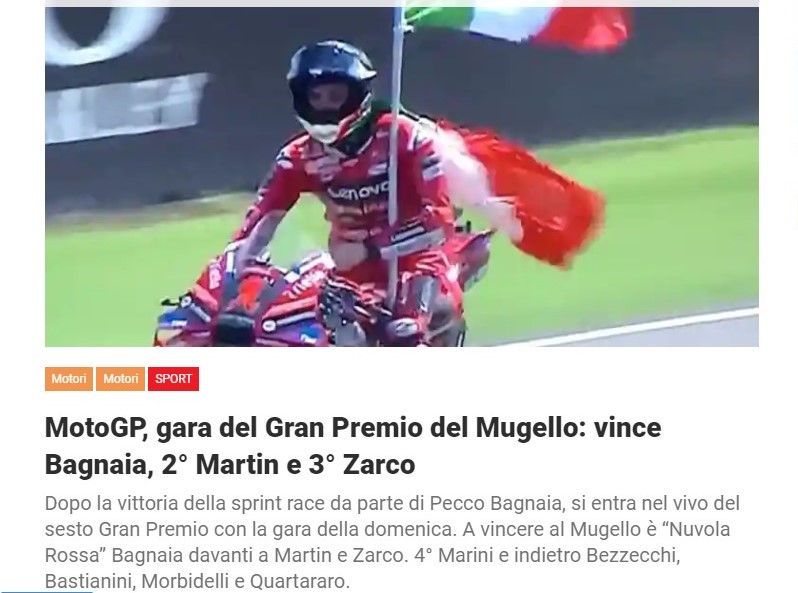 MotoGP, gara del Gran Premio del Mugello: vince Bagnaia, 2° Martin e 3° Zarco