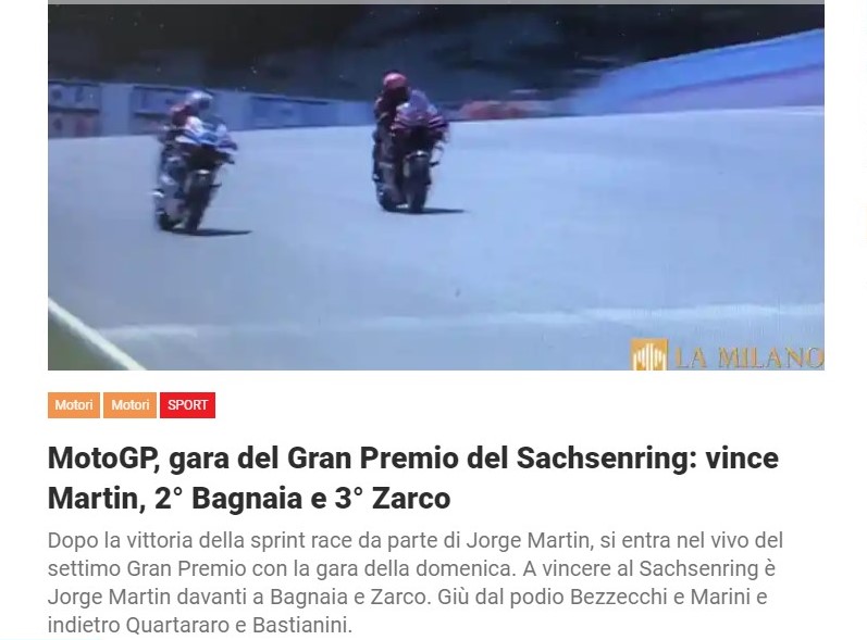 MotoGP, gara del Gran Premio del Sachsenring: vince Martin, 2° Bagnaia e 3° Zarco