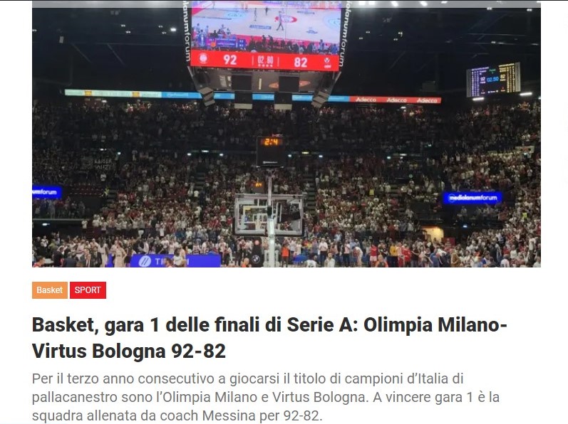 Basket, gara 1 delle finali di Serie A: Olimpia Milano-Virtus Bologna 92-82