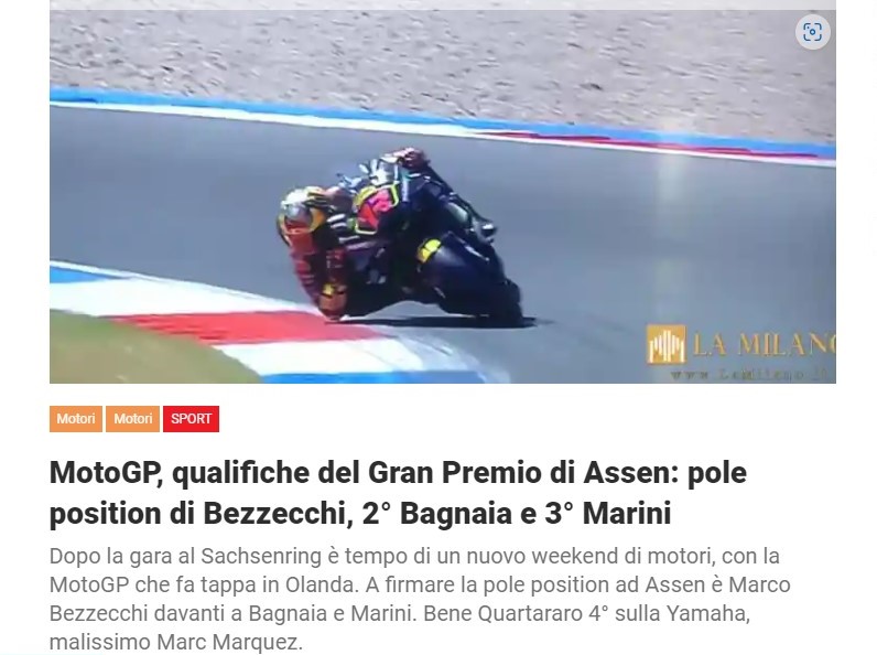 MotoGP, qualifiche del Gran Premio di Assen: pole position di Bezzecchi, 2° Bagnaia e 3° Marini