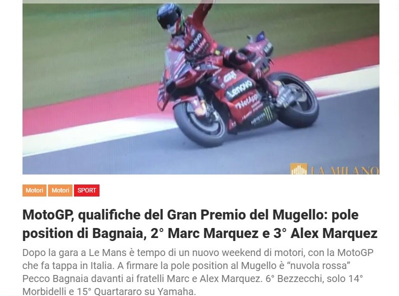 MotoGP, qualifiche del Gran Premio del Mugello: pole position di Bagnaia, 2° Marc Marquez e 3° Alex Marquez