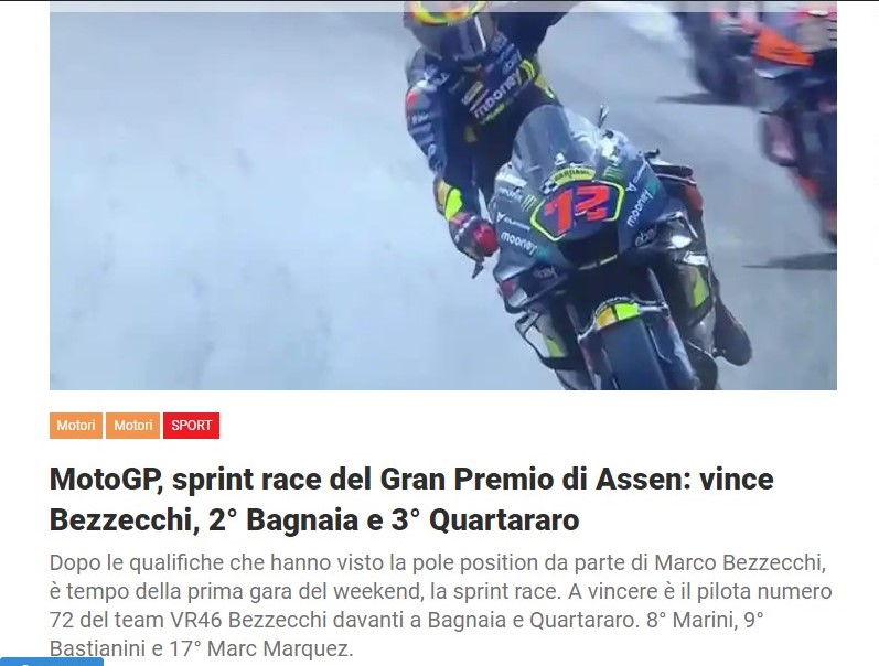 MotoGP, sprint race del Gran Premio di Assen: vince Bezzecchi, 2° Bagnaia e 3° Quartararo