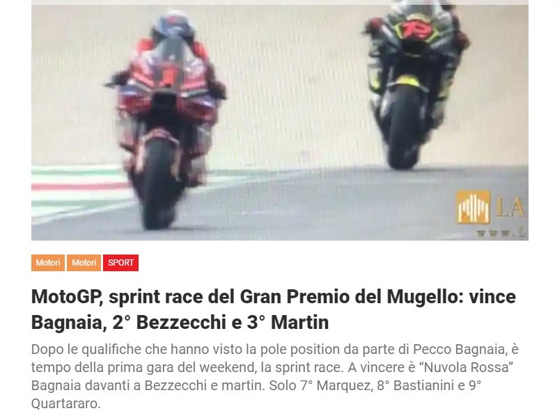 MotoGP, sprint race del Gran Premio del Mugello: vince Bagnaia, 2° Bezzecchi e 3° Martin