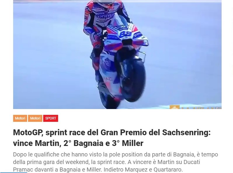 MotoGP, sprint race del Gran Premio del Sachsenring: vince Martin, 2° Bagnaia e 3° Miller