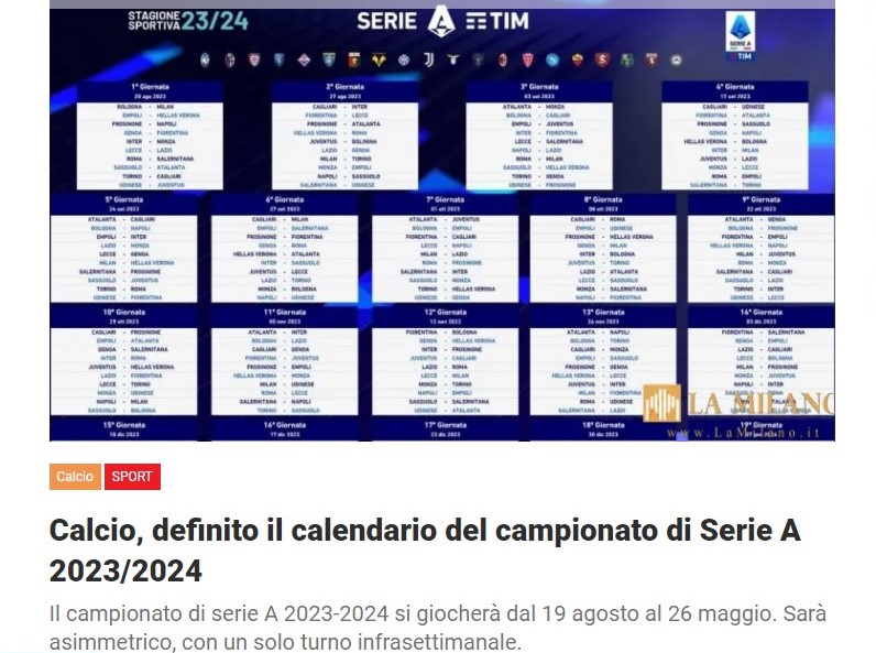 Calcio, definito il calendario del campionato di Serie A 2023/2024