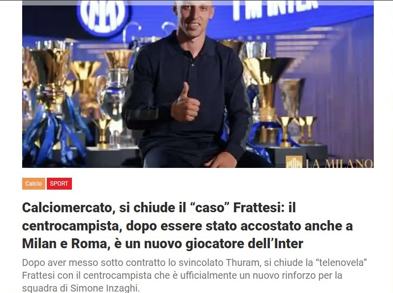 Calciomercato, si chiude il “caso” Frattesi: il centrocampista, dopo essere stato accostato anche a Milan e Roma, è un nuovo giocatore dell’Inter