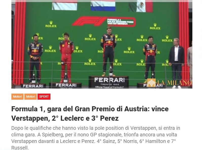 Formula 1, gara del Gran Premio di Austria: vince Verstappen, 2° Leclerc e 3° Perez