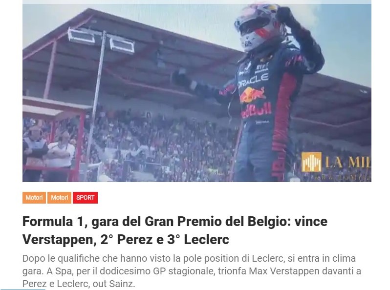 Formula 1, gara del Gran Premio del Belgio: vince Verstappen, 2° Perez e 3° Leclerc
