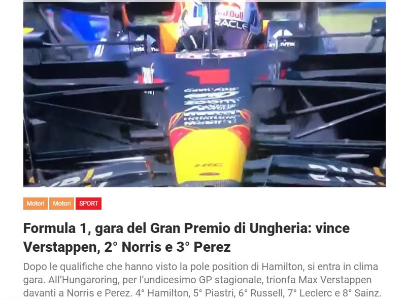 Formula 1, gara del Gran Premio di Ungheria: vince Verstappen, 2° Norris e 3° Perez