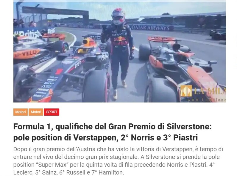 Formula 1, qualifiche del Gran Premio di Silverstone: pole position di Verstappen, 2° Norris e 3° Piastri