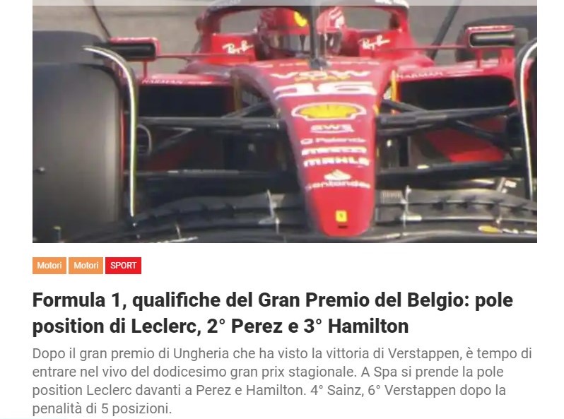 Formula 1, qualifiche del Gran Premio del Belgio: pole position di Leclerc, 2° Perez e 3° Hamilton