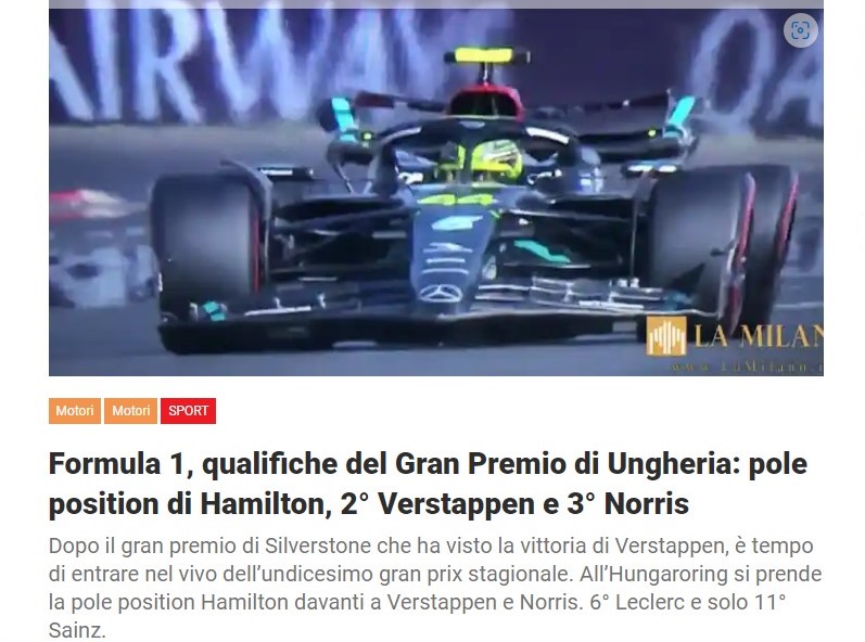 Formula 1, qualifiche del Gran Premio di Ungheria: pole position di Hamilton, 2° Verstappen e 3° Norris
