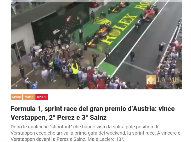 Formula 1, sprint race del gran premio d’Austria: vince Verstappen, 2° Perez e 3° Sainz