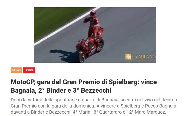 MotoGP, gara del Gran Premio di Spielberg: vince Bagnaia, 2° Binder e 3° Bezzecchi