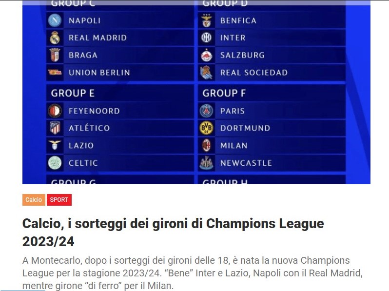 Calcio, i sorteggi dei gironi di Champions League 2023/24