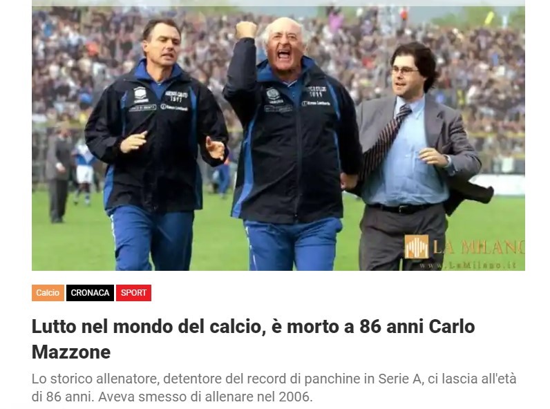 Lutto nel mondo del calcio, è morto a 86 anni Carlo Mazzone