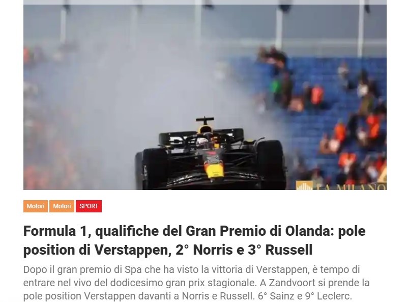Formula 1, qualifiche del Gran Premio di Olanda: pole position di Verstappen, 2° Norris e 3° Russell