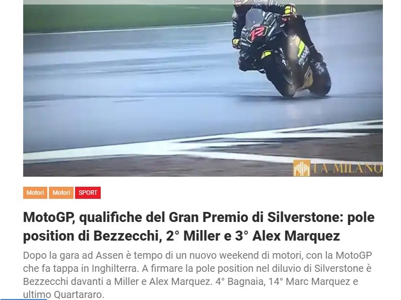 MotoGP, qualifiche del Gran Premio di Silverstone: pole position di Bezzecchi, 2° Miller e 3° Alex Marquez
